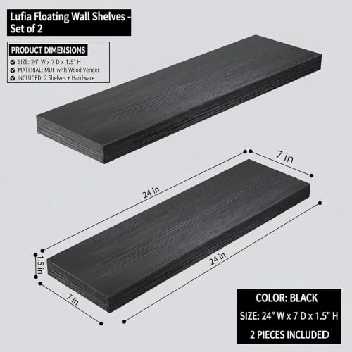 Set of 2 Black MDF Floating Wall Shelves with Hidden Brackets (2 Count)