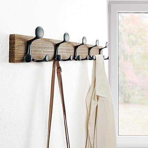 24 Inch Wood Burnt Coat Rack Wall Mount with 5 Triple Hooks