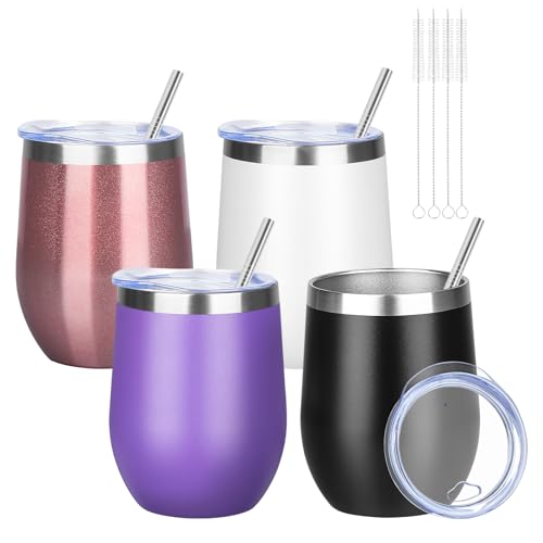 12oz 4 Pack Wine Tumbler Glasses with Lid Stemless Double Wall Vacuum Stainless Steel Travel Tumbler Keeping Cold & Hot for Wine