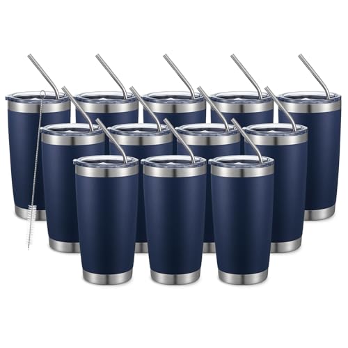 20oz Double Wall Vacuum Insulated Travel Mug Bulk Stainless Steel Tumbler with Lid and Straw Durable Powder Coated Insulated Coffee Cup for Cold & Hot Drinks (12 Count)