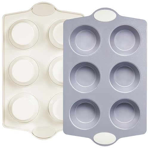 2-Pack 6-Cup Non Toxic Nonstick Ceramic Jumbo Muffin Pan & Cupcake Tin, PFOA & PFOA Free, Heavy Duty Rust-Resistant Aluminized Steel, Oven Safe, Cream White