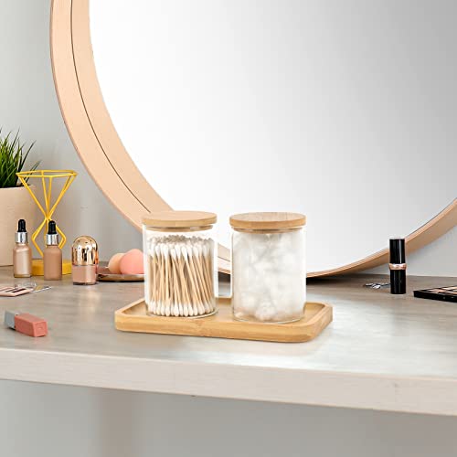 Glass Qtip Holder Dispenser with Bamboo Vanity Tray (2 Count)