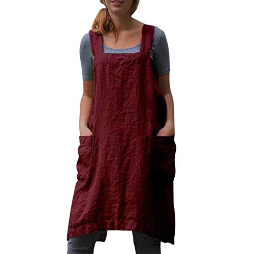 Cotton Linen Apron Cross Back Apron for Women with Pockets Pinafore Dress for Baking Cooking