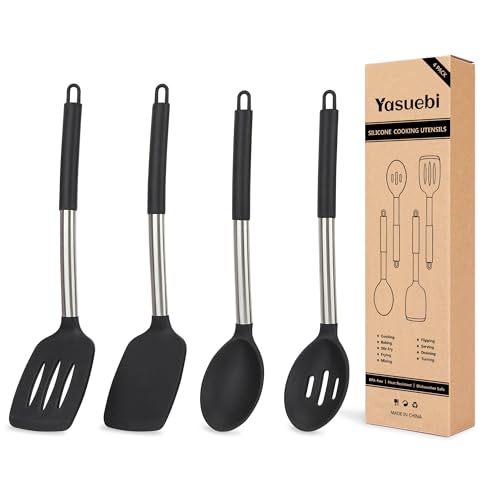 Silicone Cooking Kitchen Utensils Set Kitchen Utensils Set Silicone Cooking Utensils Set for Nonstick Cookware Perfect for Baking and Mixing Spatula Set BPA Free Dishwasher Safe Black 4 Pack (4 Count)