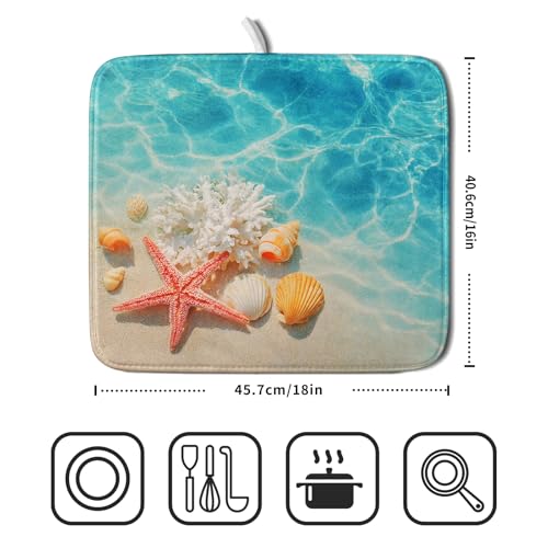 Coastal Starfish Dish Drying Mat 16"x18" Ocean Blue Sea Coral Seashell Dish Drainer Mats Nautical Beach Themed Decorative Reversible Dish Drying Pad for Kitchen Countertop Dining Room
