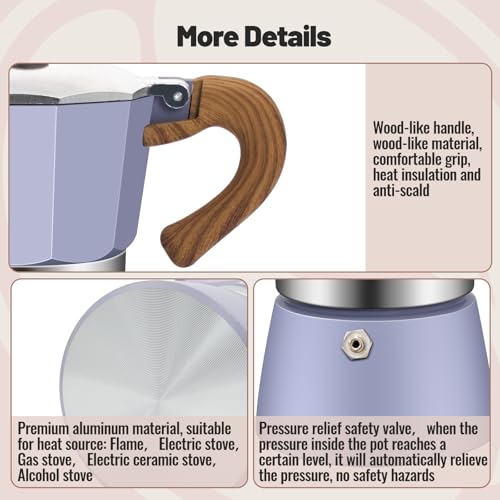 6 Cup Aluminum Moka Pot Classic Stovetop Espresso Coffee Maker 300ml 10oz Coffeemaker Percolator Mocha Pot Greca Coffee Maker Cafe Makers for Italian and Cuban Café Brewing Purple