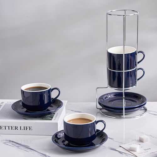 8 Ounce Stackable Cappuccino Cups with Saucers and Metal Stand (4 Count)