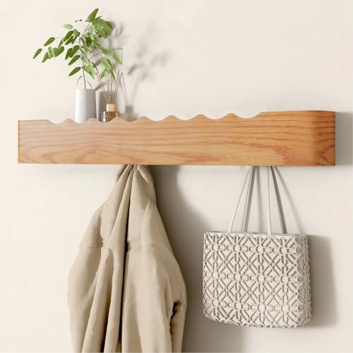 Wooden Wall Mounted Coat Rack with Shelf and Hidden Metal Hooks