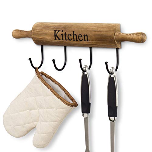 Rustic Burnt Brown Wood Kitchen Hooks for Hanging Cooking Utensils