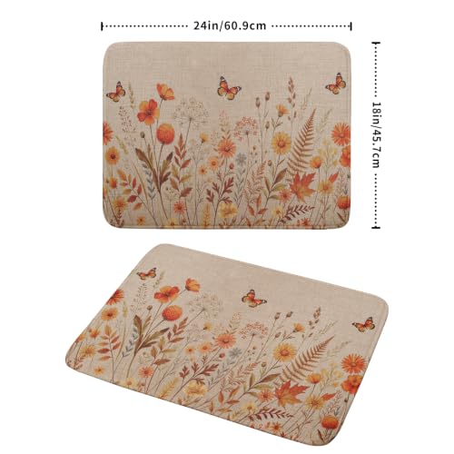 Rustic Fall Flowers Dish Drying Mat Retro Autumn Orange Floral Butterfly Dish Drainer Mats 18"x24" Microfiber Reversible Dish Drying Rack Pad Protector for Kitchen Countertop Decor