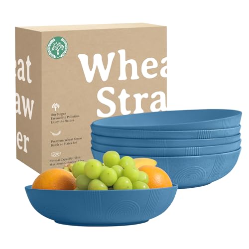 Salad Bowls 65 OZ Large Serving Bowls 10 inch Wheat Straw Big Bowl Set of 6 Plastic Bowls Wide and Shallow Bowl for Kitchen Microwave & Dishwasher Safe