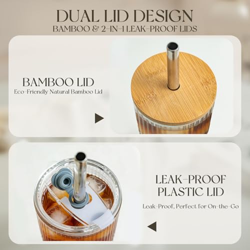 20oz Ribbed Glass Tumblers with Bamboo Lids & Straws