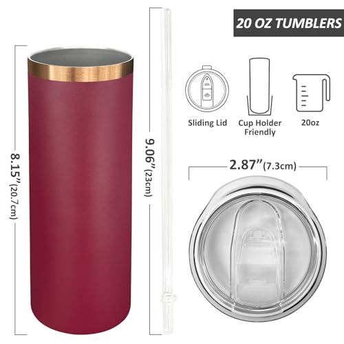 20 oz Skinny Tumblers Bulk with Lids and Straws Red (4 Count)