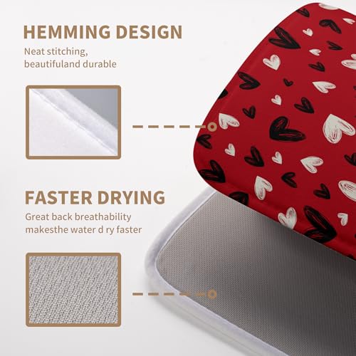 Valentines Day Dish Drying Mat Red Black Love Heart Valentine Kitchen Dish Drying Pad Absorbent Dish Dryer Mat for Kitchen Countertops Microfiber Dishes Drainer Pad Dish Drying Rack Mat