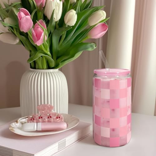 Checker 16 Oz Can Glass Tumbler with Acrylic Lid and Straw