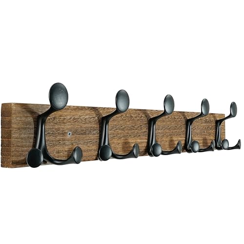 24 Inch Wood Burnt Coat Rack Wall Mount with 5 Triple Hooks
