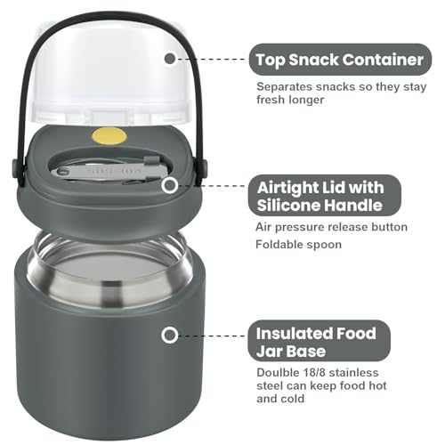 2-in-1 Insulated Food Jar with a Snack Container - 15oz Kids Soup Thermos for Hot Food with Handle and Spoon, Leak Proof Bento Lunch Box Kids, Perfect for School & Travel
