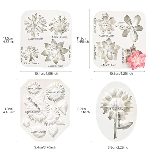 4Pcs Sunflower Fondant Silicone Mold for Cake Topper Decoration Chocolate Candy Sugar DIY Craft Gum Paste (4 Count)