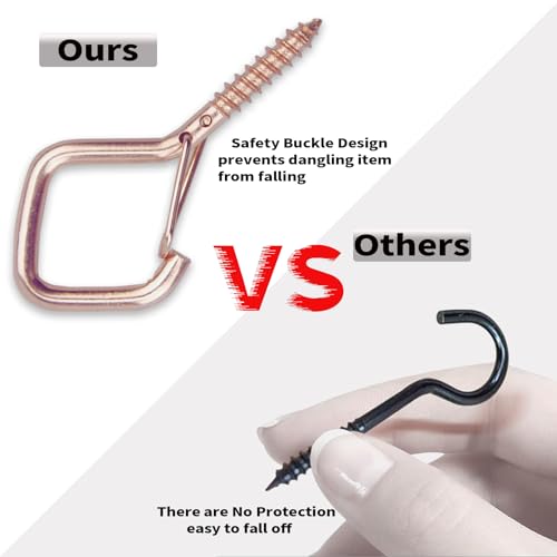 50 PCS Rose Gold Eye Screw Hooks for Hanging Heavy Duty with Safety Buckle.Metal Ceiling Hooks for Hanging Plants Cup Wind Chime Bird Feeders Patio Lights At Indoor&Outdoor (50 Count)