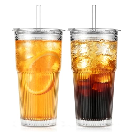 20oz Wave Ribbed Glass Tumbler with Lid and Straw