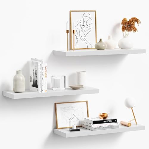 3 Pack 24" White Modern Wooden Floating Shelves (3 Count)