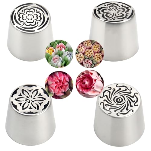 4pcs Russian Piping Tips Set Extra Large Stainless Steel Flower Icing Nozzles One Step Peony Carnation Dahlia Rose Tips for Cake Decorating ButtercreamCupcake Baking Supplies for Beginners (4 Count)