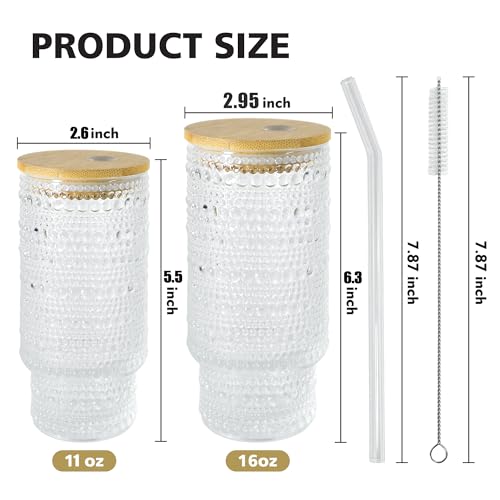 4 Pcs 11 oz Drinking Glasses Cups Set with Bamboo Lids Straws Brush Small Drinking Glassware Set for Juice Iced Coffee Cocktail Whiskey (4 Count)