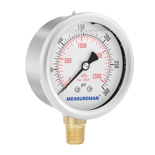 2-1/2inch Dial Size, Glycerin Filled Pressure Gauge, 0-300psi/kpa, 304 Stainless Steel Case, 1/4 inchNPT Lower Mount