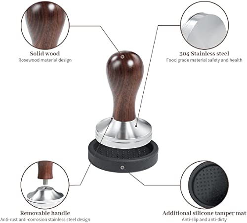 Coffee Tamper Espresso Press with Tamper Mat 304 Stainless Steel Flat Base Wooden Handle for Coffee Grounds Barista Espresso Machines Accessory