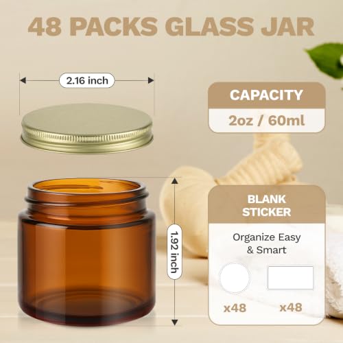 48 Pack 2 OZ Small Amber Glass Jars with Gold Metal Lids (48 Count)