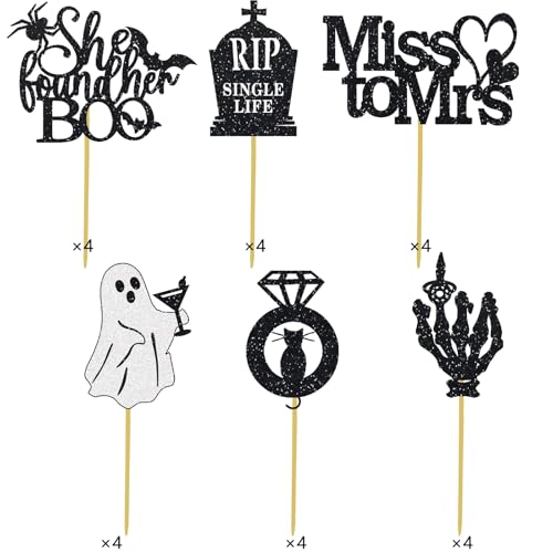 Halloween Bachelorette Cupcake Topper She Found Her Boo Rip Single Life Miss To Mrs Ring Cat Skull Finger Engagement Party Decorations White