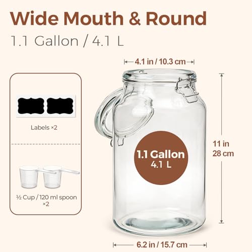 Large Glass Jars with Airtight Lids 1.1 Gallon 2 Pack Wide Mouth (2 Count)