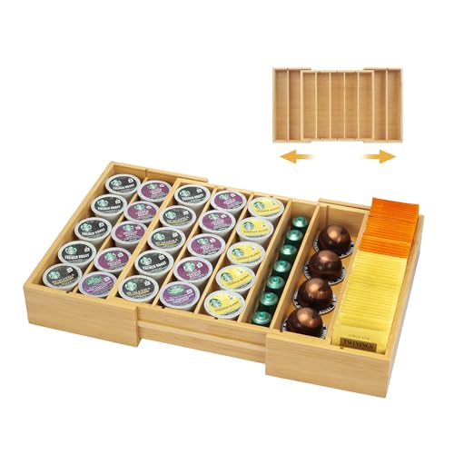 Bamboo K Cup Holder for Drawer or Countertop Coffee Pod Holder Expandable K Cup Pod Storage Tea bag organizer K Cup Storage for Coffee Station Home Office and Kitchen
