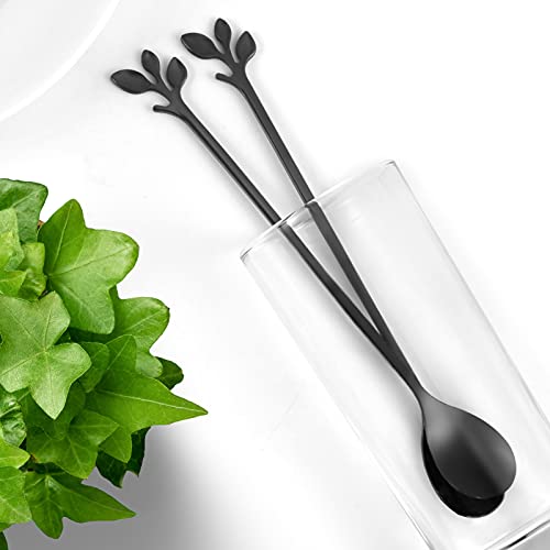6 Piece Elegant Black Leaf Long Handle Teaspoons (6 Count)