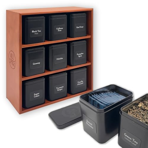 Tea Organizer Rack with 9 Tins & 160 Magnetic Labels