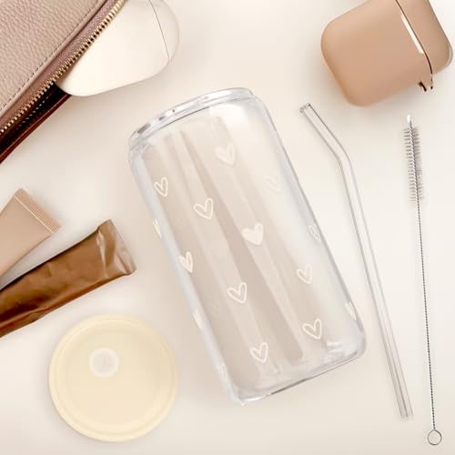 Heart 16oz Can Glass Tumbler with Acrylic Lid & Straw