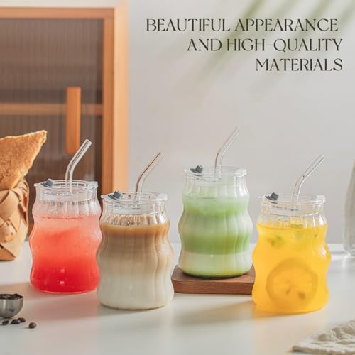 4PCS Ribbed Glass Cups with Lids & Straws