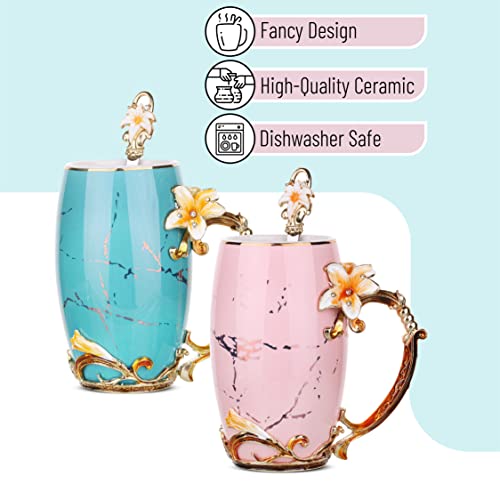 BTaT Floral Ceramic Mugs with Spoon (2 Count)
