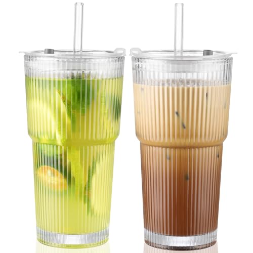20 Oz Glass Cups with Lid and Straw 2 Set (2 Count)