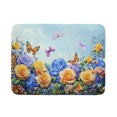 Spring Blue Yellow Hydrangeas Flowers Dish Drying Mat for Kitchen Counter