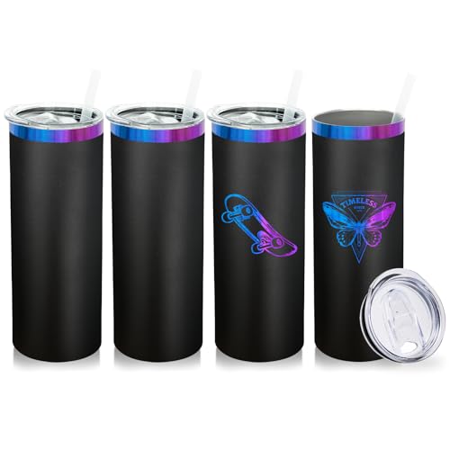 20 oz Skinny Tumblers Bulk with Lids and Straws Black (4 Count)