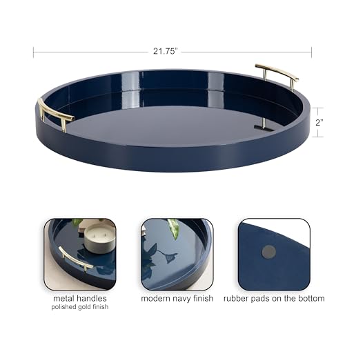Lipton Modern Round Ottoman Tray; 22 Inch Diameter; Navy and Gold; Decorative Circle Coffee Table Tray for Living Room Decor or Large Serving Tray