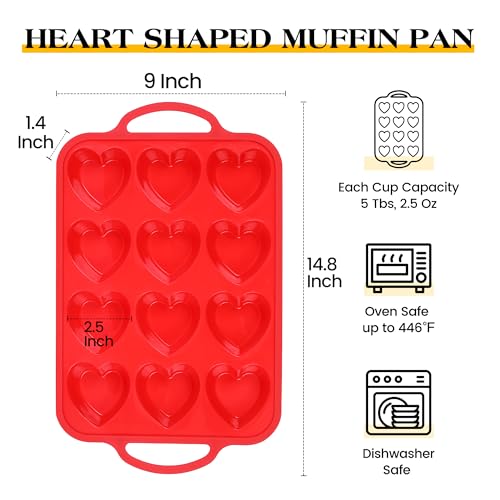 2 Pcs Heart Shaped Muffin Pan with Metal Reinforced Frame 12 Cup Nonstick Silicone Heart Cake Mold for Baking 2.5 Inch Cupcake Tray