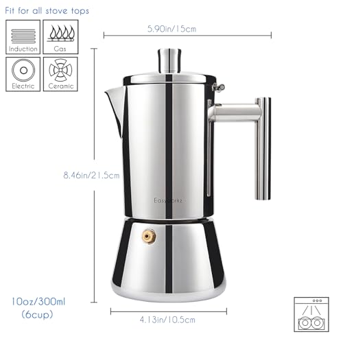 Diego Stovetop Espresso Maker Stainless Steel Italian Coffee Machine Maker 6Cup 10 oz Moka Pot Induction Espresso Pot