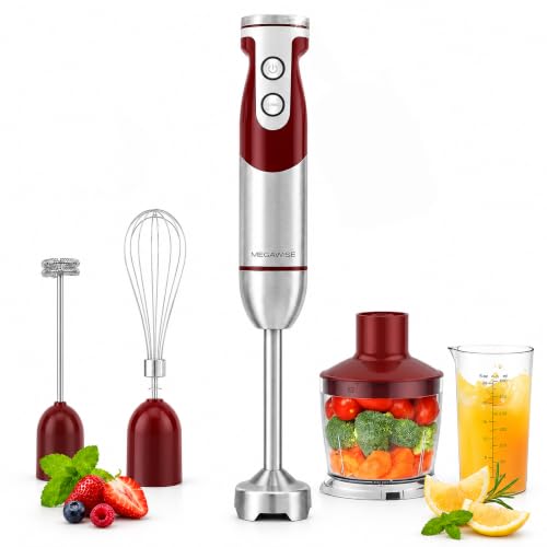 5-in-1 Immersion Hand Blender Set with Variable Speed, 400W, Stainless Steel - Includes Chopper, Whisk, Milk Frother, and Beaker - Ideal for Soups, Smoothies, Baby Food & More (RED)