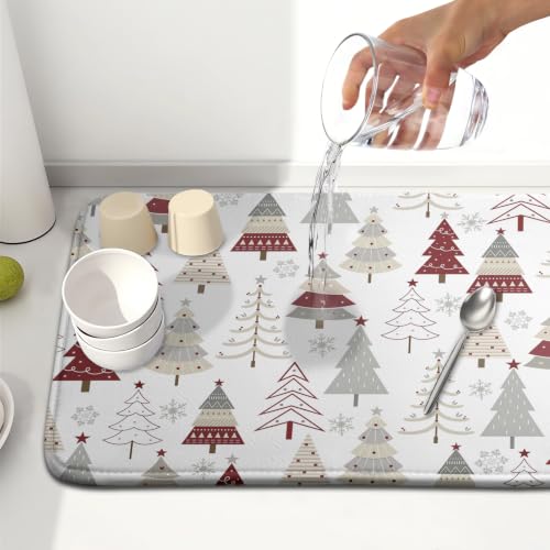 Christmas Tree Dish Drying Mat for Kitchen Counter Christmas Pine Tree Dish Drying Mat 16x18 Inch Geometric Winter Dish Draining Mat Absorbent Reversible Dish Pad Kitchen Accessories Table Protector