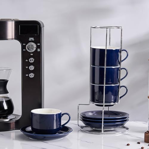 8 Ounce Stackable Cappuccino Cups with Saucers and Metal Stand (4 Count)
