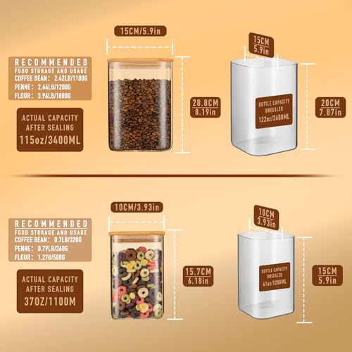 122oz 41oz Airtight Glass Square Storage Canister with Bamboo Lid Set of 2 (2 Count)