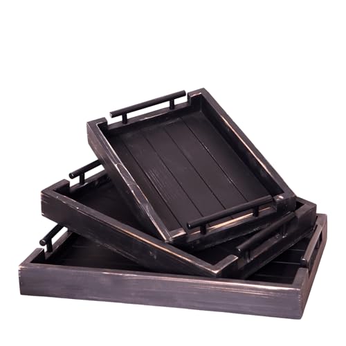 3Pc Rustic Black Vintage Nested Wood Serving Trays