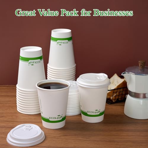 100 Count 12 oz Compostable Paper Coffee Cups with CPLA Lid